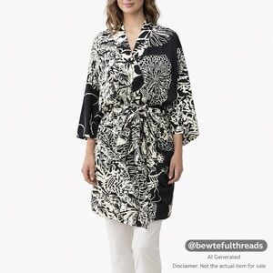 Jams World Medium Black White Print Kimono Robe Rayon